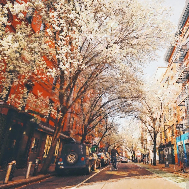 Photo london street view with blooming tree