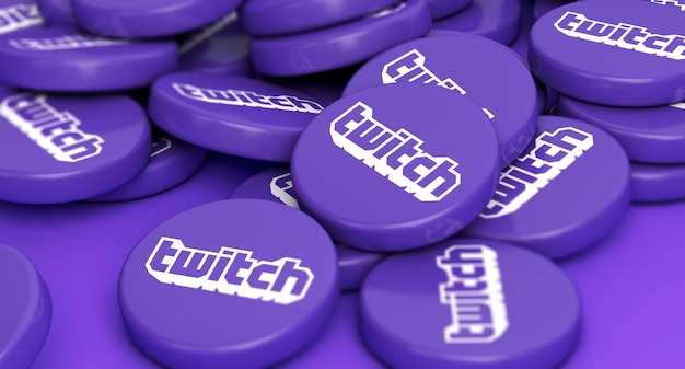 ЛОНДОН, Великобритания, июль 2022 г. Логотип видеоигры Twitch в прямом эфире на круглых дисках 3D-рендеринг