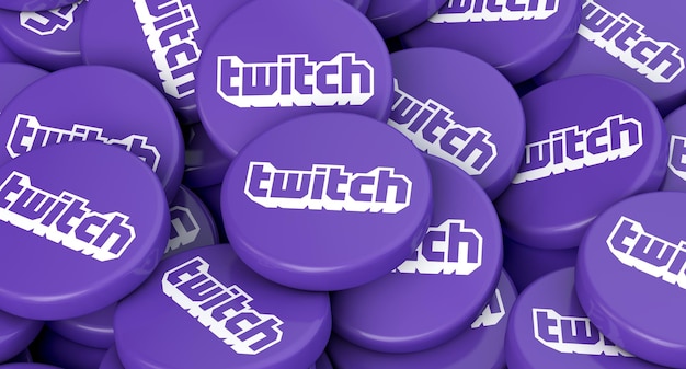 LONDON UK July 2022 Twitch video game live streaming logo on round disks 3D Rendering