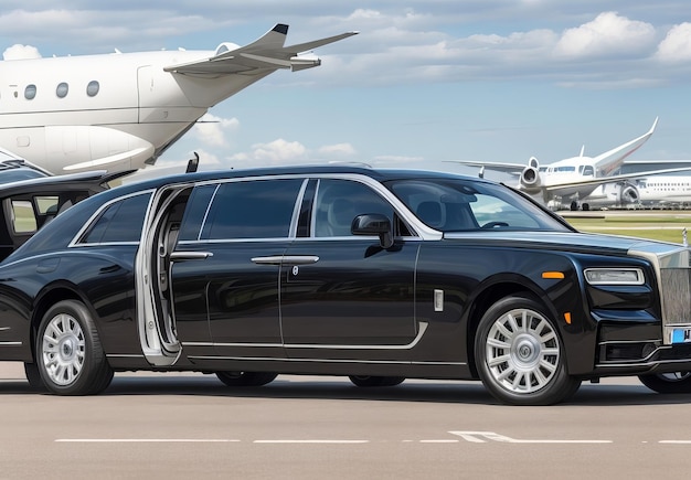 London UK7 MAY 2020 Private executive airplane with limousine Rolls Royce Phantom luxury car sho