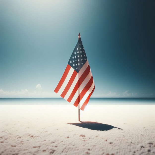 Photo lone american flag on beach for memorial day