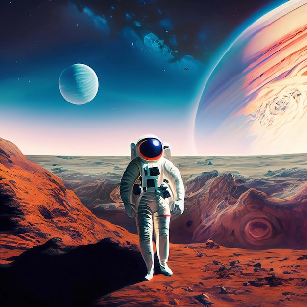 먼 지구를 바라보며 달 위에 서 있는 우주복을 입은 외로운 우주비행사