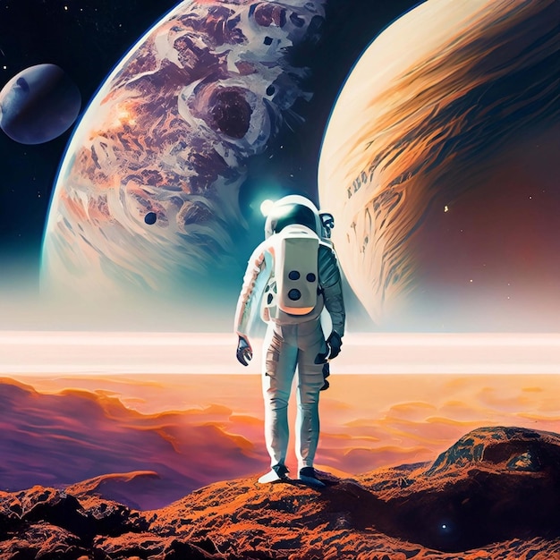 Lone Astronaut In Spacesuit Standing On The Moon Looking At The Distant Earth