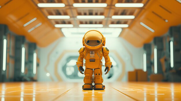 A lone astronaut in a vibrant orange suit stands in a futuristic spaceship corridor symbolizing spa