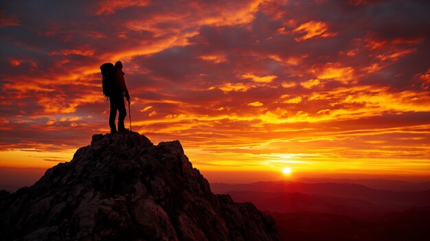 孤独 な バックパッカー が 遠く の 山 の 頂上 で 瞑想 的 な 旅 を し て いる 炎 の 夕暮れ に 対し て 描か れ て いる