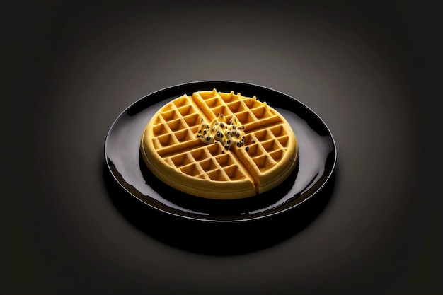 Lone belgian waffles in plate on black background