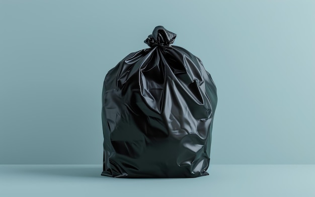 A lone black garbage bag tied up symbolizing waste disposal