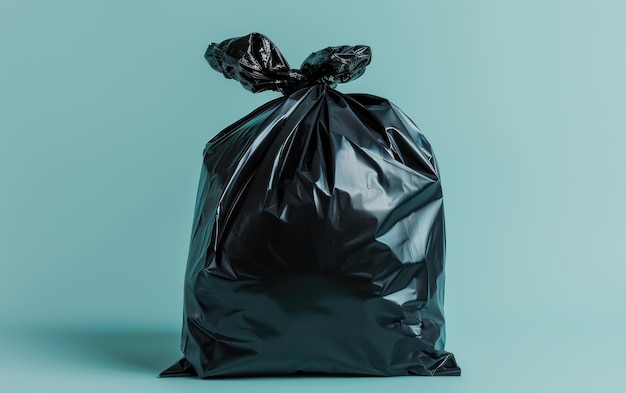 A lone black garbage bag tied up symbolizing waste disposal