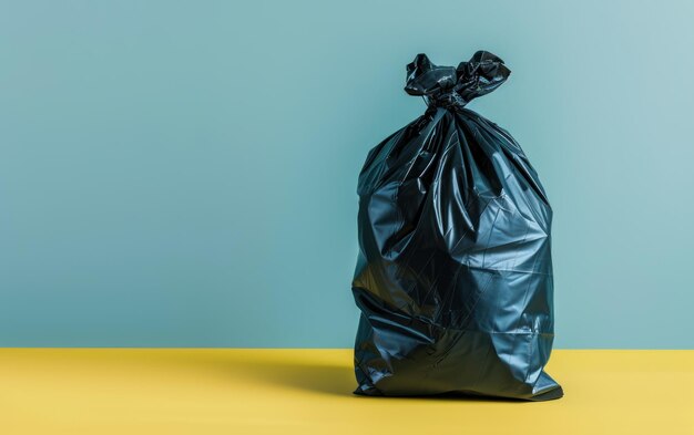 A lone black garbage bag tied up symbolizing waste disposal