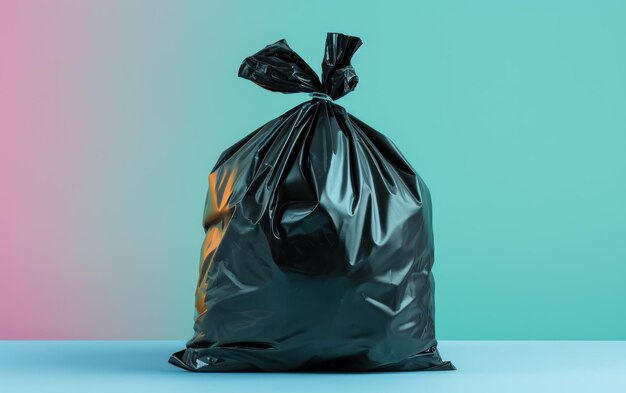 A lone black garbage bag tied up symbolizing waste disposal