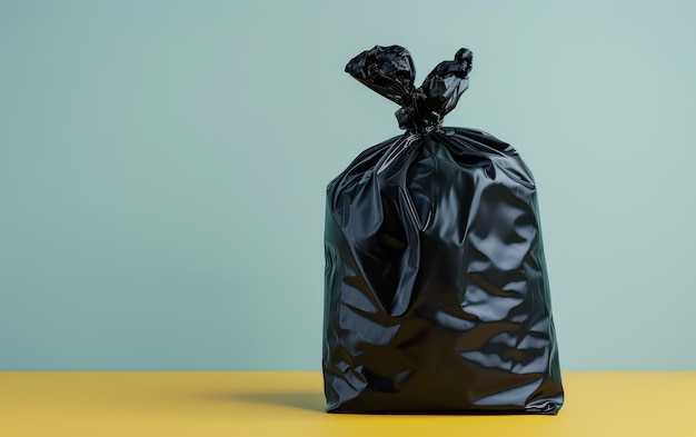 A lone black garbage bag tied up symbolizing waste disposal