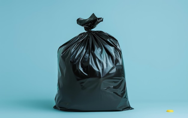 A lone black garbage bag tied up symbolizing waste disposal