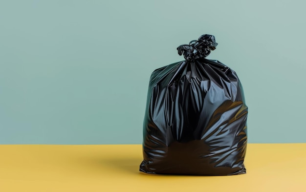 Одинокий черный мешок для мусора, связанный, символизирующий утилизацию отходов