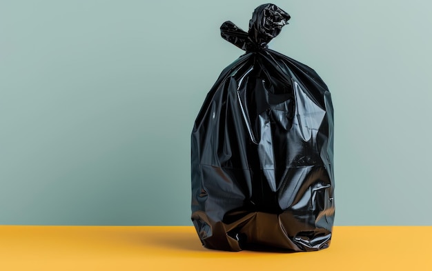 A lone black garbage bag tied up symbolizing waste disposal