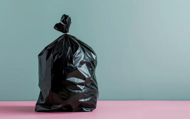 A lone black garbage bag tied up symbolizing waste disposal