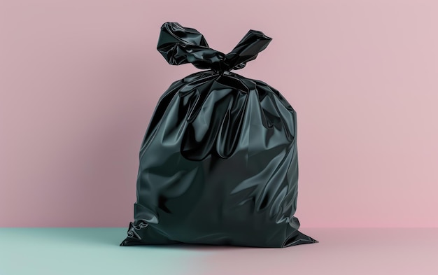 A lone black garbage bag tied up symbolizing waste disposal