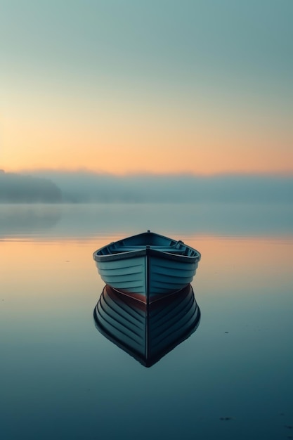 朝明けに静かなガラスの湖で漂う孤独なボート