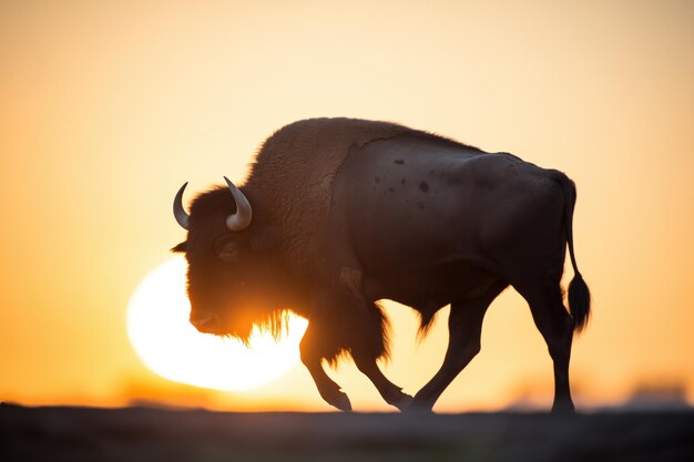 Lone buffalo silhouette against a setting sun