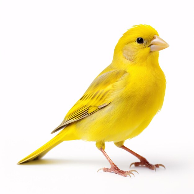 A lone canary captured in studio lighting against a blank ivory canvas