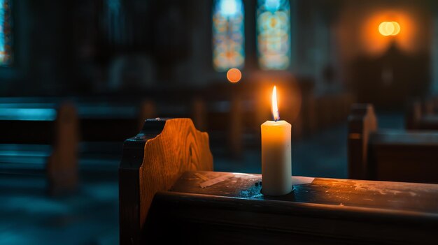 Photo a lone candle burns in a dark church the flickering light casts shadows on the walls and floor