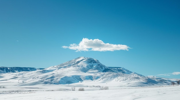 A lone cloud in the sky over a snowy mountain