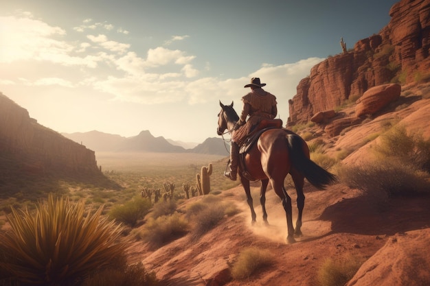 Photo lone cowboy horseback riding generate ai