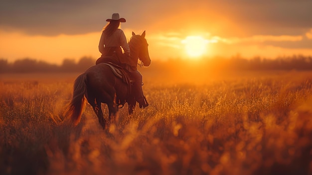 Foto cowboy solitario a cavallo al tramonto attraverso un campo dorato sereno fine della giornata sul ranch accattivante scena rurale ai