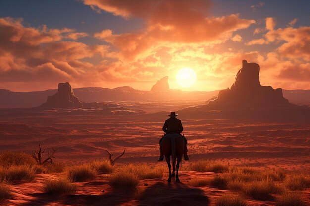 Photo a lone cowboy the setting sun casting long shadows 00179 03
