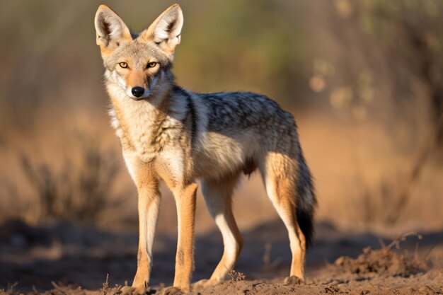 A lone coyote standing in the middle of a field