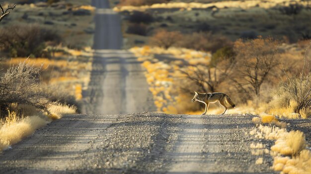 Photo a lone coyote stands in the middle of a lonely desert road looking off into the distance the sun is setting and the sky is ablaze with color