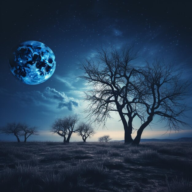 Lone dead tree with super full blue Moon milky way galaxy in the background Elements of this image