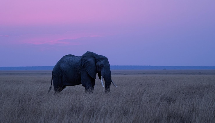 Photo a lone elephant in the vastness of the savannah at dusk