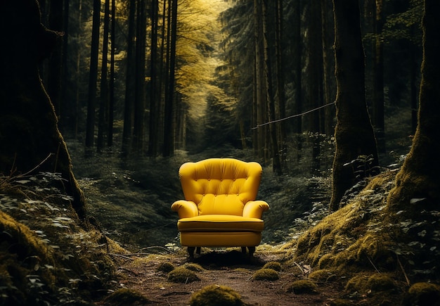 Одинокий пустой стул, изолированный в лесу