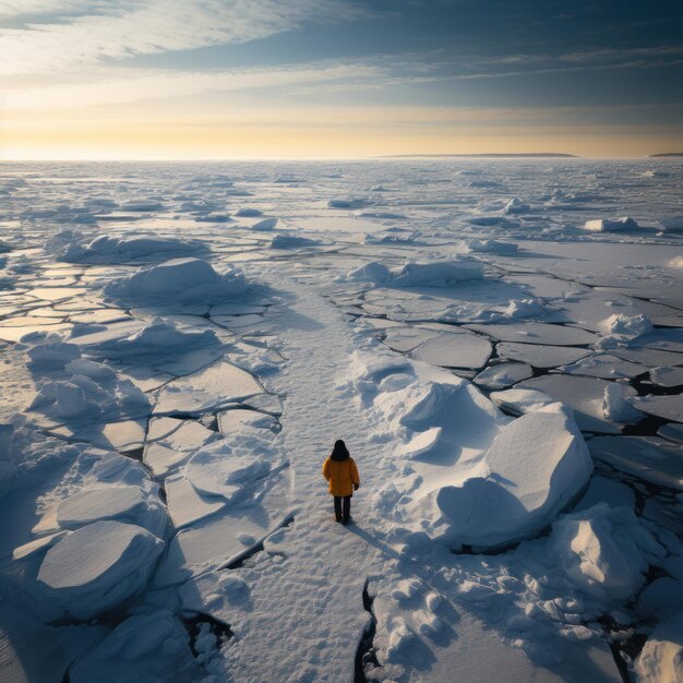 Photo lone explorer standing on vast ice floe