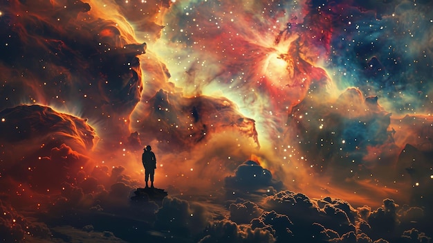 A lone explorer vast cosmic expanse nebula clouds contemplating the unknown photography silhouette lighting double exposure Dutch angle view