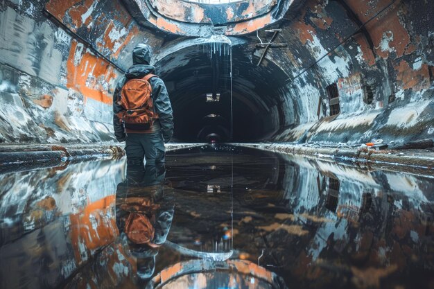 Фото Одинокий исследователь с рюкзаком, стоящий в отражающей воде внутри заброшенного городского дренажного туннеля