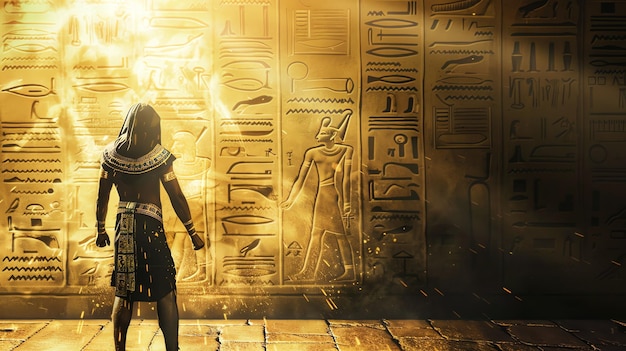 a lone figure in ancient egyptian garb stands before a wall of hieroglyphs bathed in a golden light