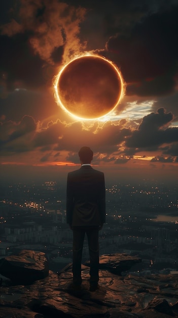 Lone figure contemplates a city under an ethereal eclipse