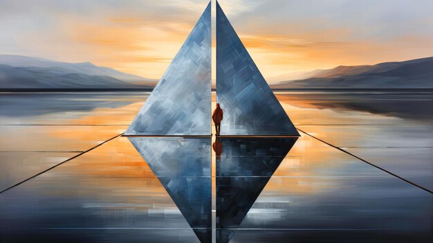 Lone figure contemplates infinity at the apex of a reflective pyramid at dusk