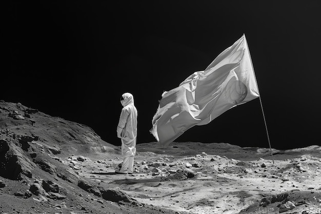 Foto figura solitaria sulla base lunare desolata