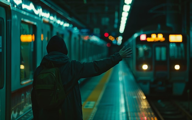 A lone figure extends a hand towards a departing train at night The station is bathed in an eerie blue light adding to the solitary feel