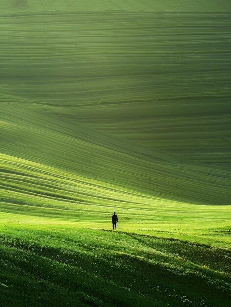 Photo lone figure in a field of high grass
