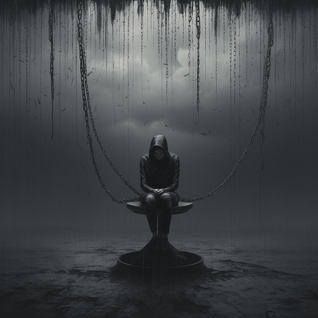 Lone figure in hood tied to chains in a dark place Concept of loneliness or depression