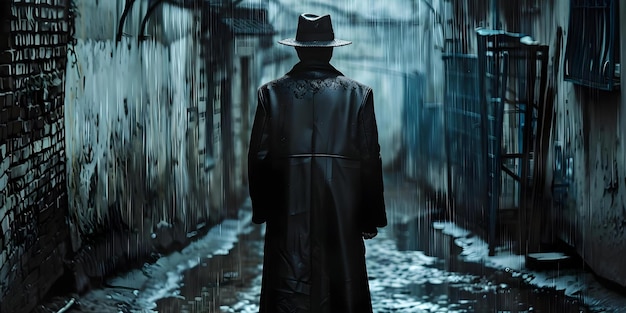 長いコートと帽子をかぶった孤独な人物 雨の小道のコンセプト 雨の日の長いコートの帽子に独りで 謎の人物
