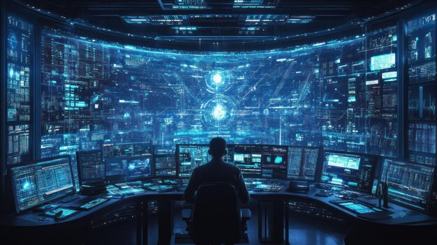 a lone figure sits in a dark room surrounded by glowing computer screens displaying lines of code and digital data