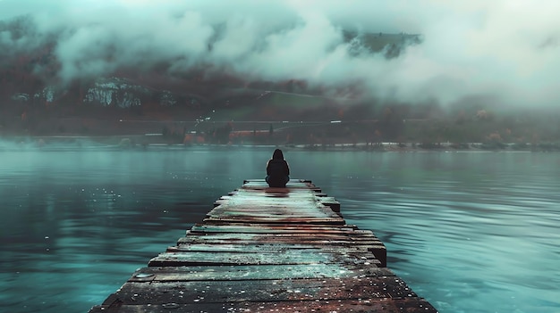 Foto una figura solitaria si siede su un molo in mezzo a un lago circondato da montagne l'acqua è ferma e il cielo è nuvoloso