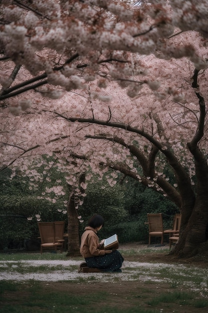 満開の桜の木の下に座る一人の人影