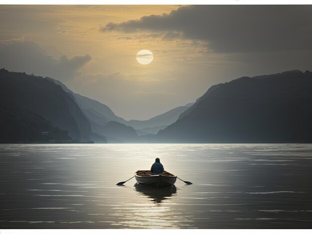 a lone figure in a small boat and waves