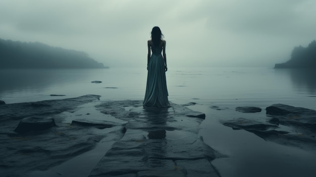 霧に覆われたドックに立っている孤独な人物 憂鬱な囲気 霧の環境 孤独な人 創造的なAI