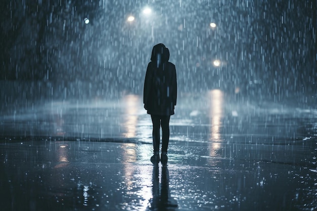 A lone figure standing in the rain shoulders slouched symbolizing the weight of an unjust grievance